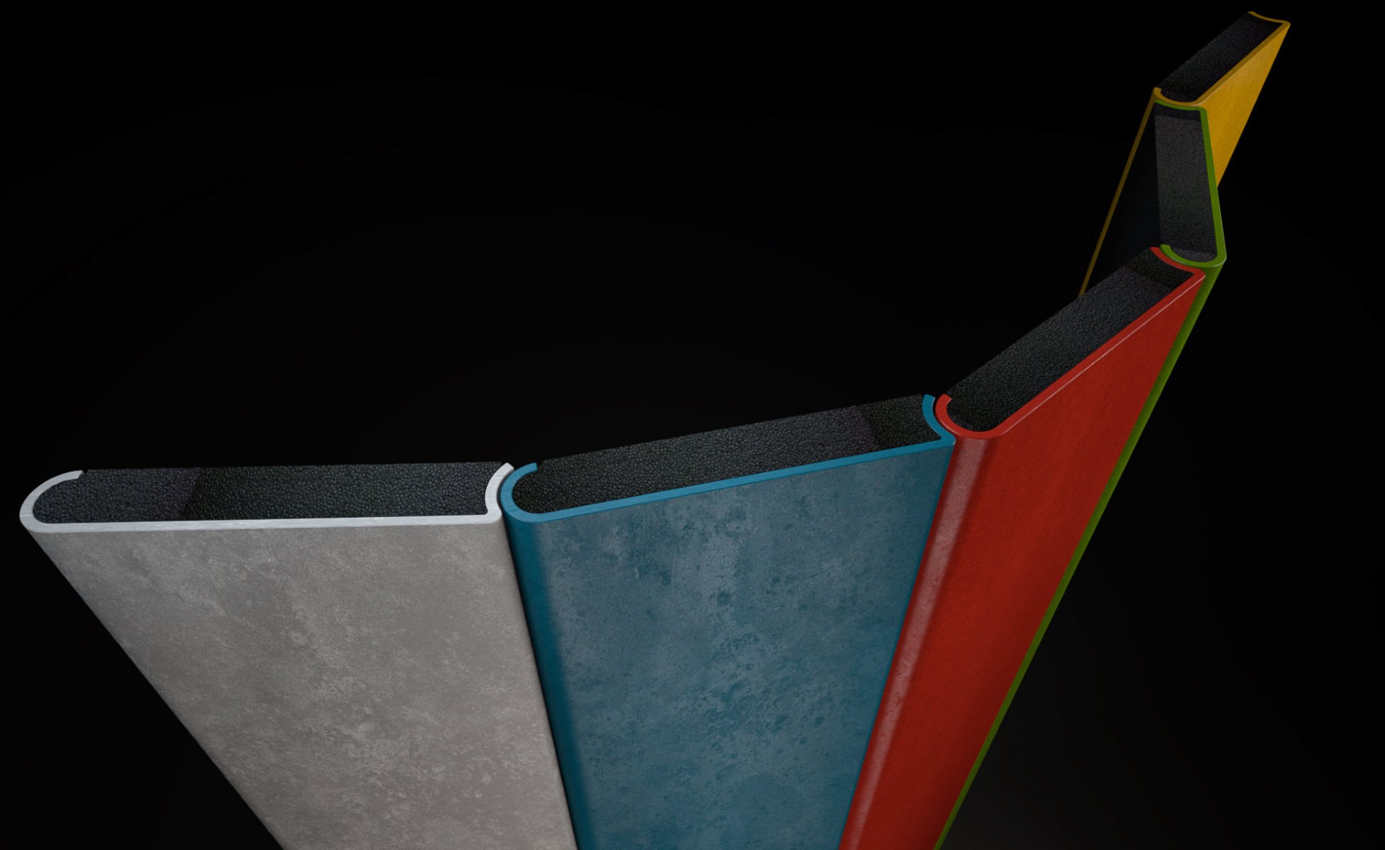 five c--c profiles in fiber cement in stong colors with its characteristic surface structures.